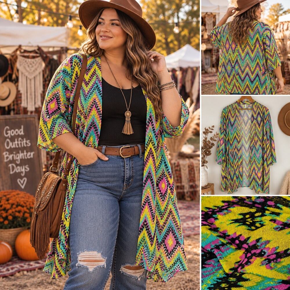 Mirror Image 2X Multicolor Aztec Print Open Cardigan Kimono Boho Fall Artsy Plus